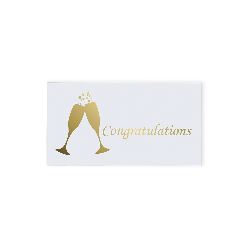 "Congratulations" Chocolate Gift Box, designed to mark every achievement with a touch of Luxury.  This elegant white Luxury box features gold foil-printed champagne glasses and the word "Congratulations," making it a sophisticated choice for any congratulatory occasion. Inside, recipients will find two exquisite hand-finished truffles, one in rich milk chocolate and the other in creamy white chocolate