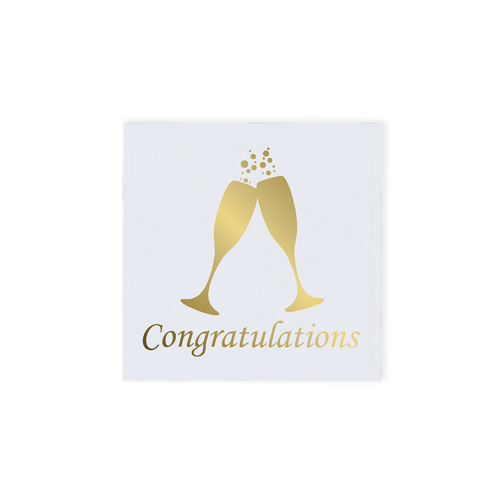 "Congratulations" Chocolate Gift Box, designed to mark every achievement with a touch of Luxury.  This elegant white Luxury box features gold foil-printed champagne glasses and the word "Congratulations," making it a sophisticated choice for any congratulatory occasion.  Inside, recipients will find four exquisite hand-finished truffles, assorted milk, dark and white truffles