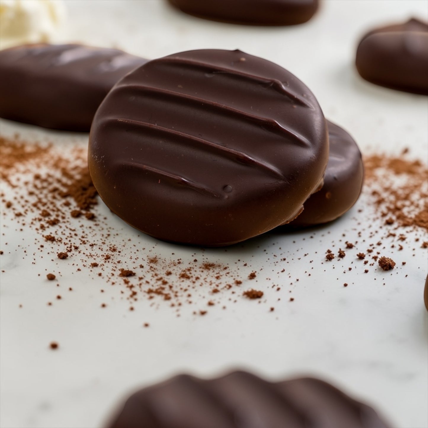dark chocolate irish creams, with duste cocoa and whipped cream on a marble background