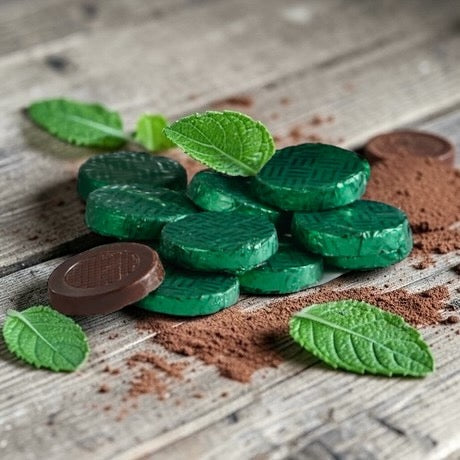 stack of dark chocolate mint crisps in a dark green foil, on a rustic background with mint leave and cocoa powder dusted around the chocolates