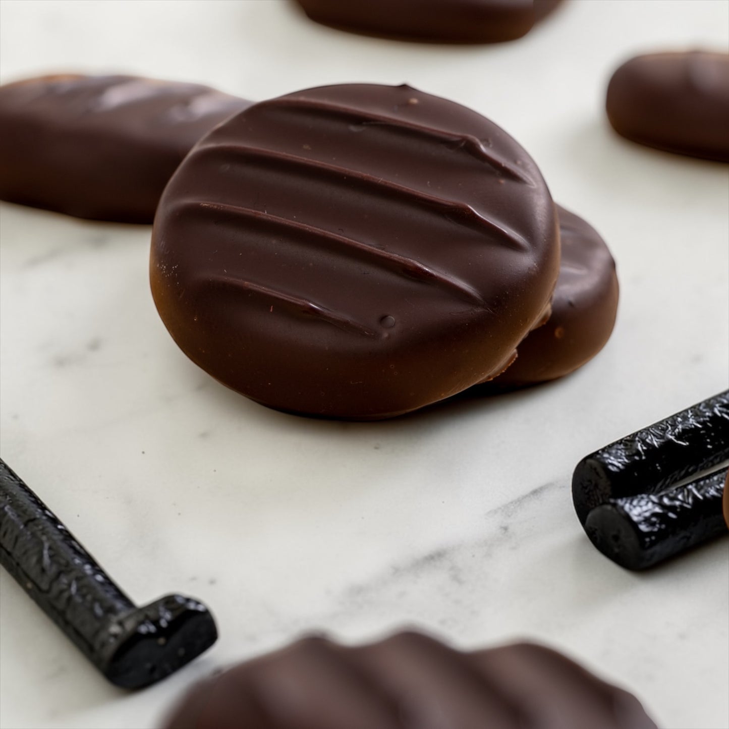 black liquorice pieces with dark chocolate liquorice creams on a marble background