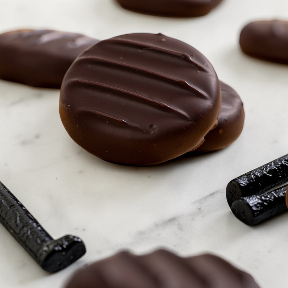 black liquorice pieces with dark chocolate liquorice creams on a marble background