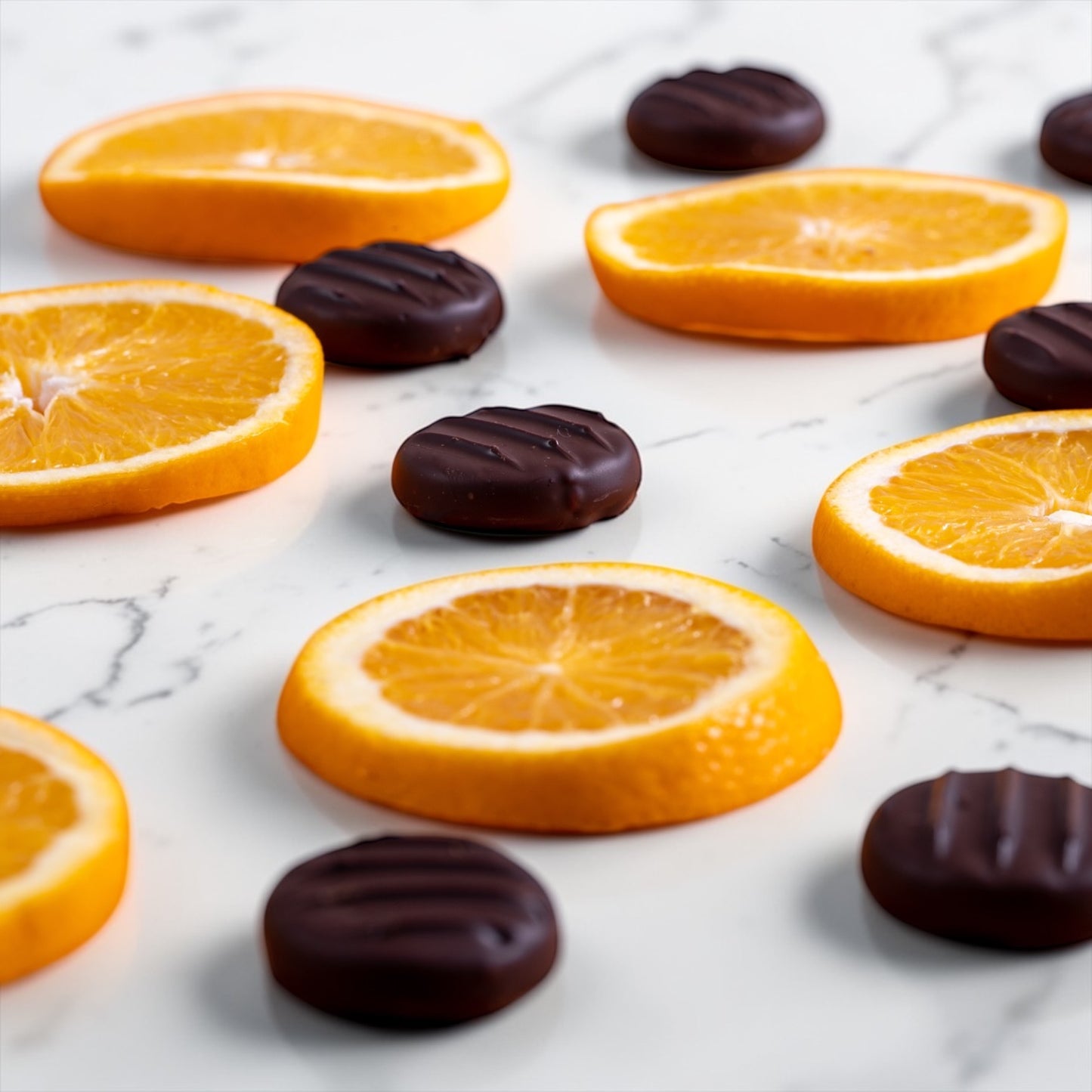 orange slices and dark chocolate orange fondant creams on a marble countertop