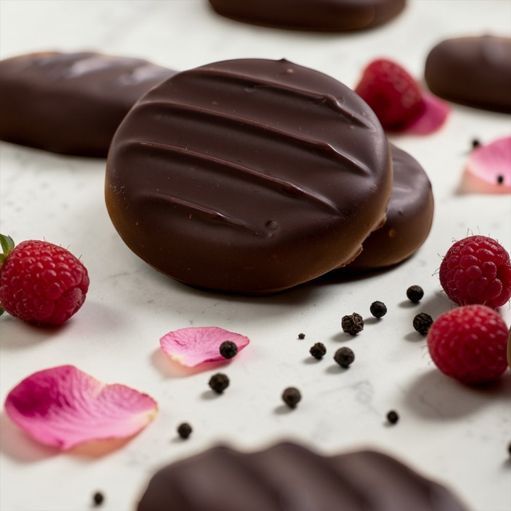 dark chocolate pink gin creams on a marble background with rose petals, raspberries and black peppercorns scattered around the chocolates