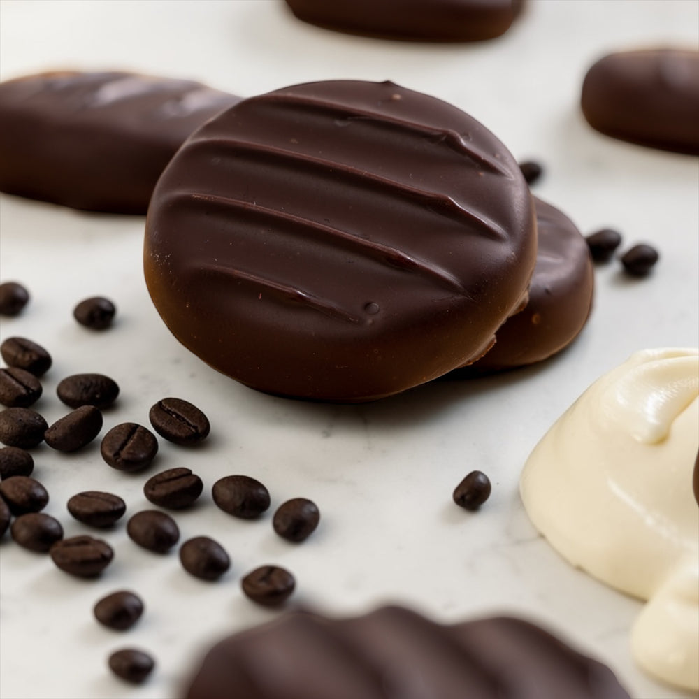 coffee beans and fresh cream dollop with dark chocolate tiramisu creams on a marble background.
