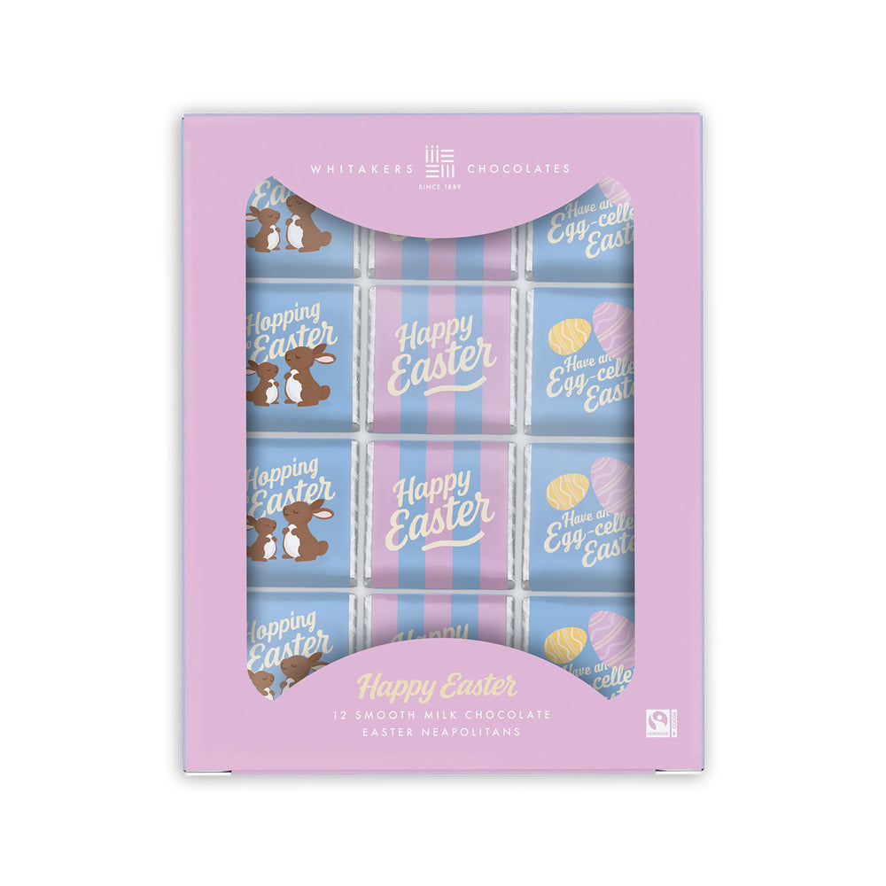 Box of Easter-themed chocolate square neapolitans with a pink lid and 'Happy Easter' text.
