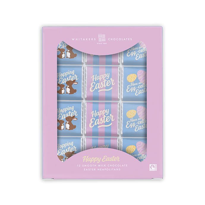 Box of Easter-themed chocolate square neapolitans with a pink lid and 'Happy Easter' text.