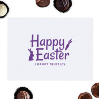 Happy Easter themed white gift box with purple text and bunny images, filled with luxury assorted chocolate truffles