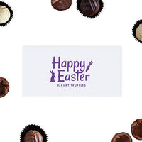 Happy Easter themed white gift box with purple text and bunny images, filled with luxury assorted chocolate truffles