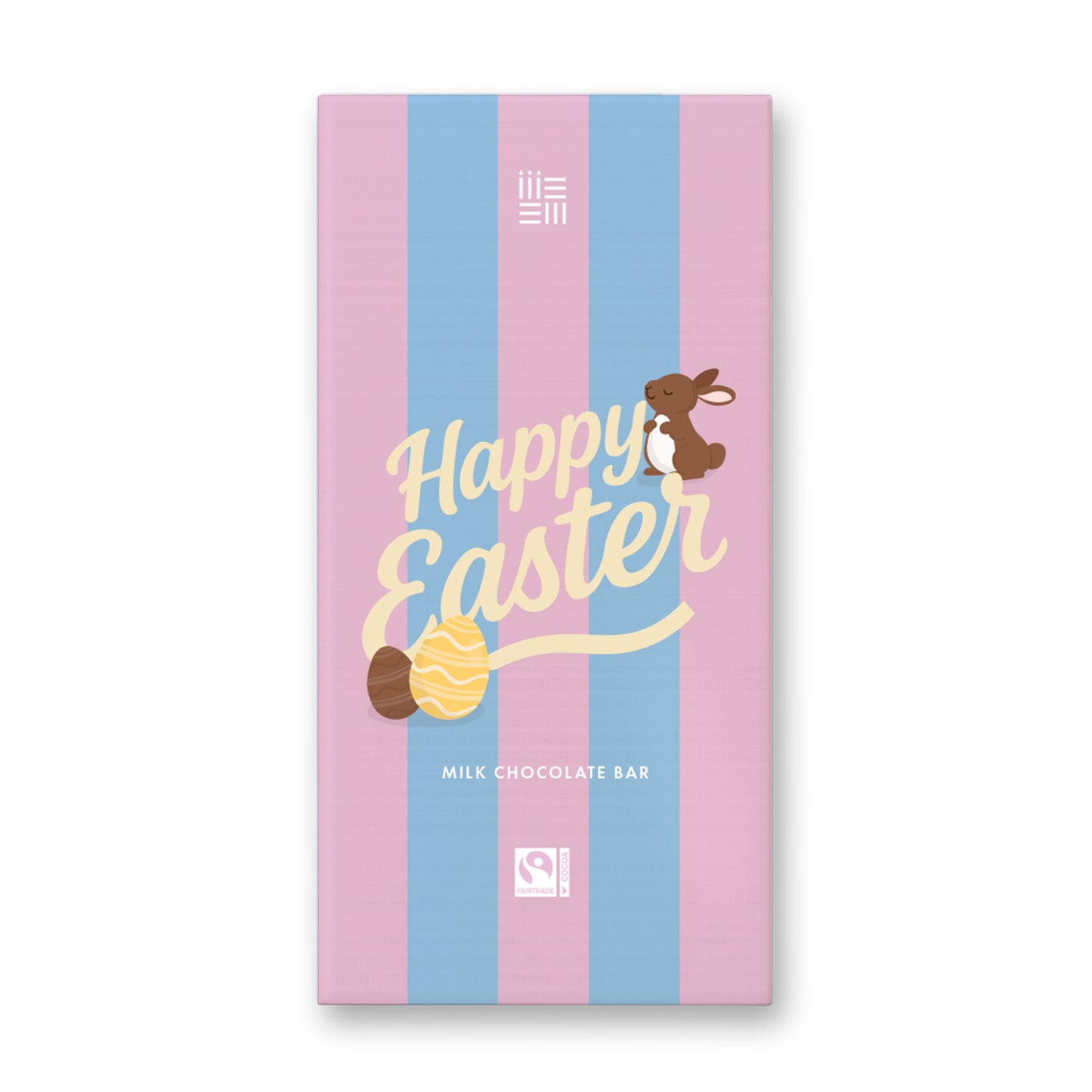 happy easter milk chocolate bar adorned with pink and blue stripes with a cute bunny and easter egg design