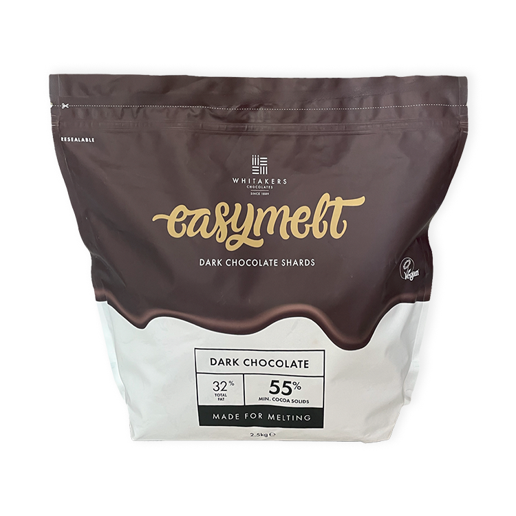 55% Dark Chocolate Mini Shards 2.5kg resealable bags, vegan, gluten-free, made for melting