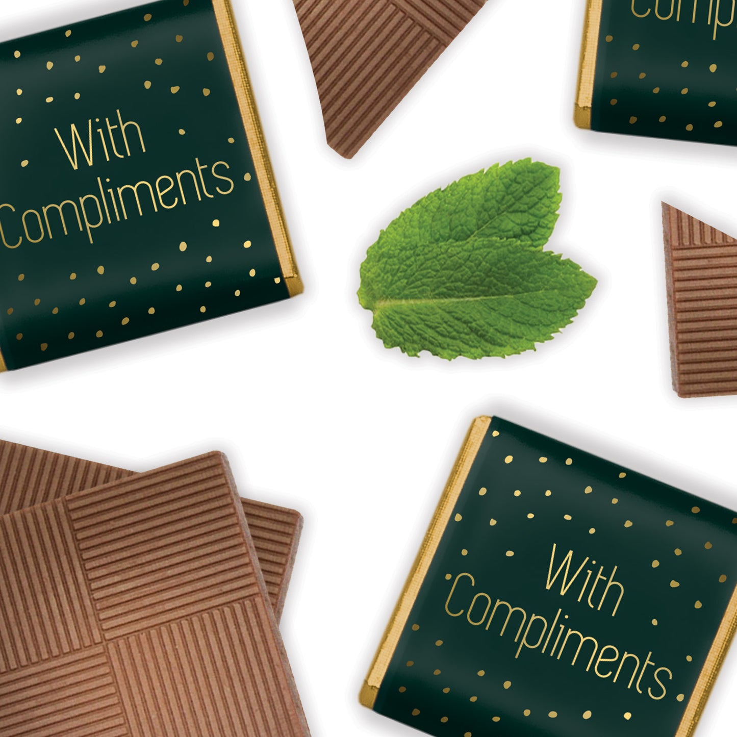Milk Mint Chocolate Neapolitans. Each chocolate is encased in Luxury foil and paper, presenting an eye-catching green wrapper adorned with 'with compliments' in sophisticated gold print