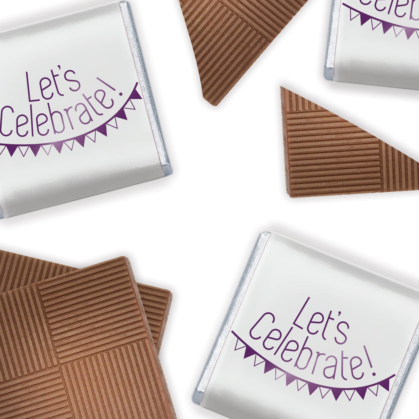 Milk Chocolate Neapolitans, a delightful treat that combines the creamy richness of milk chocolate with a touch of elegance.  Each chocolate is individually wrapped in luxurious foil and a pristine white paper wrapper, adorned with 'let's celebrate' in vibrant purple print, adding a festive flair to any occasion.  Packaged in a 2kg bulk box containing 400 pieces