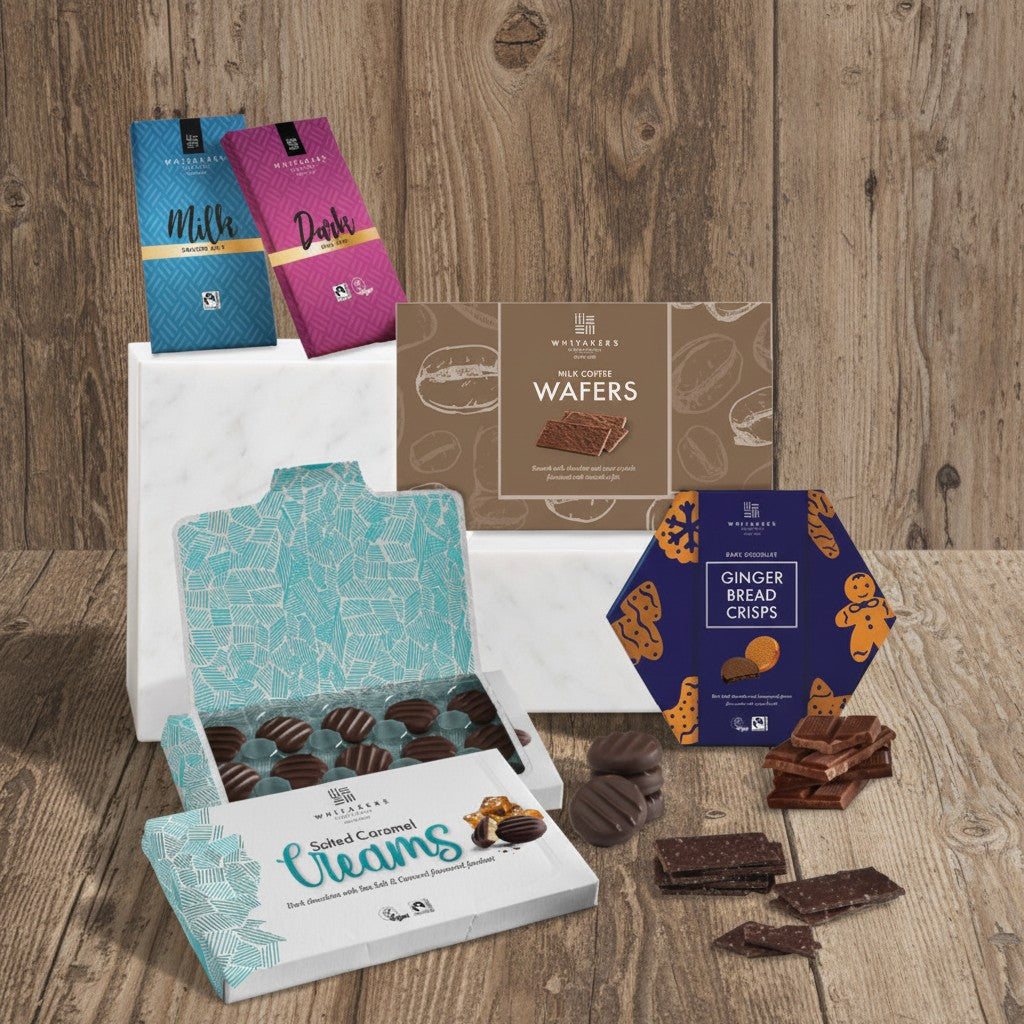 Whitakers Chocolates Assorted Fairtrade chocolate products including milk coffee wafers, dark gingerbread crisps, and milk and dark chocolate bar on a wooden surface.