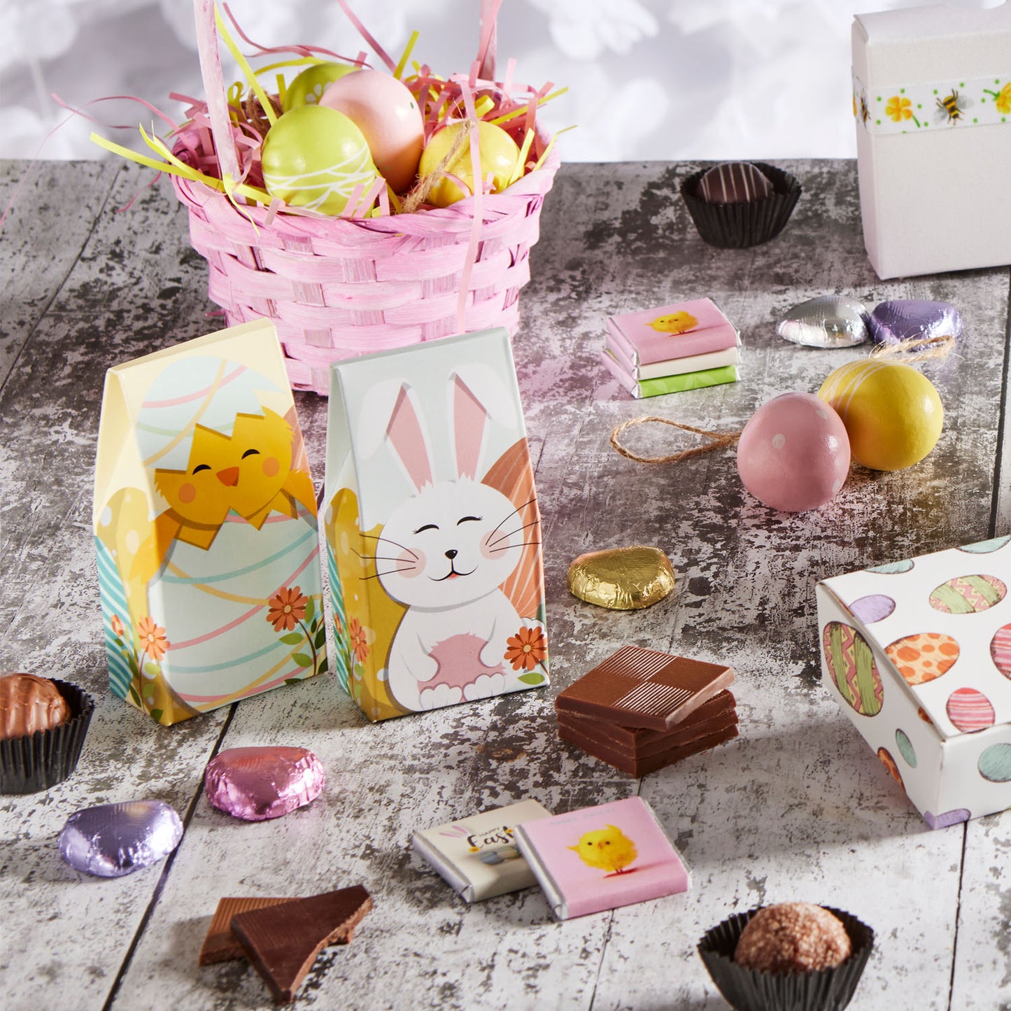 Easter-themed Milk Chocolate Neapolitans, perfectly packaged in an adorable 'Easter Bunny' design carton.  These delightful chocolates are ideal for adding a touch of whimsy to your Easter celebrations, especially during Easter egg hunts