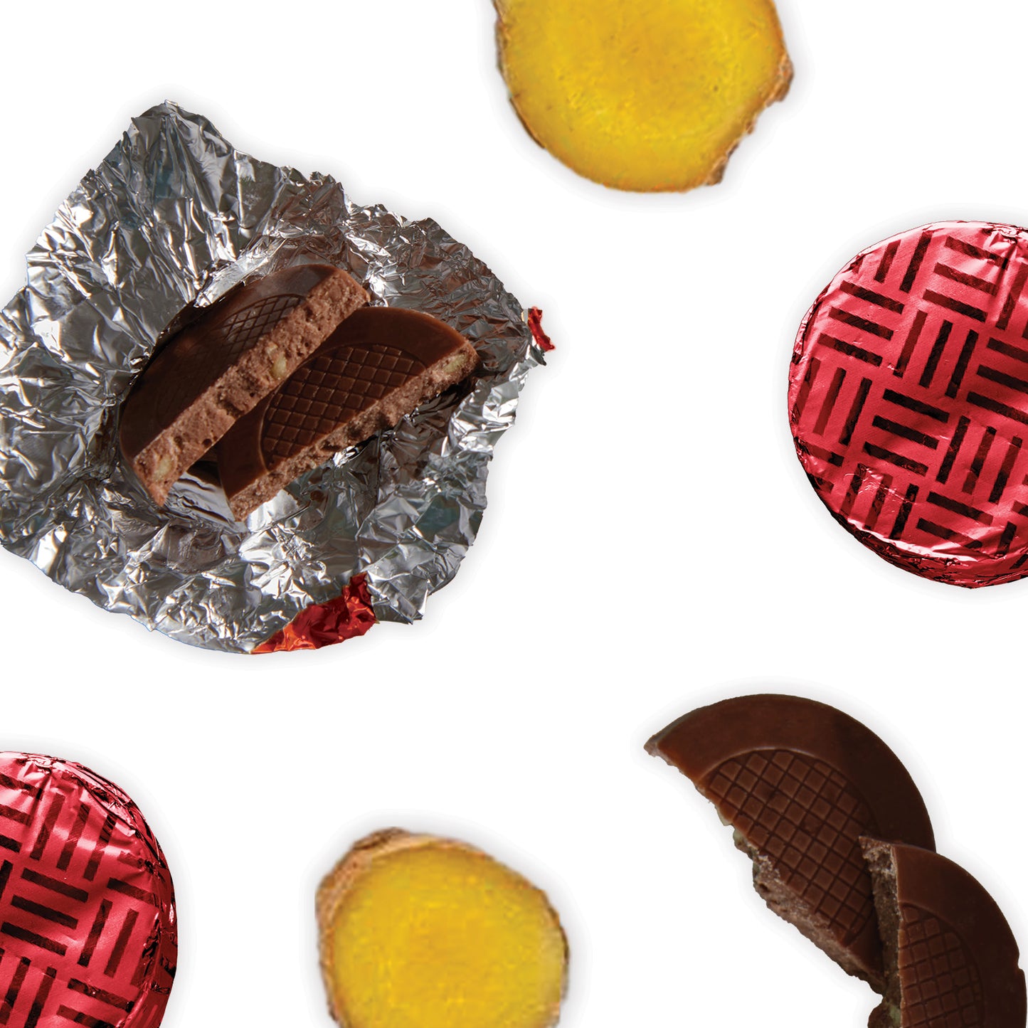 Red foiled Dark Chocolate Crisps, infused with aromatic ginger oil and complemented by the satisfying texture of crunchy sugar crystal pieces