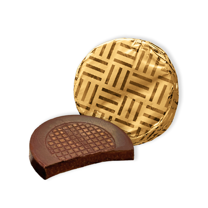dark chocolate mint crisps individually wrapped in gold foil, packed in bulk 1kg boxes