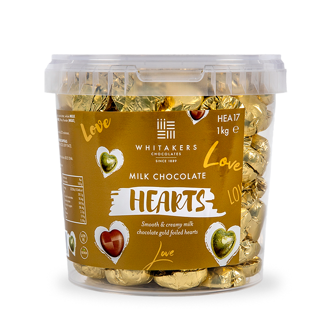 milk chocolate hearts individually wrapped in gold foil packed in 1kg tubs