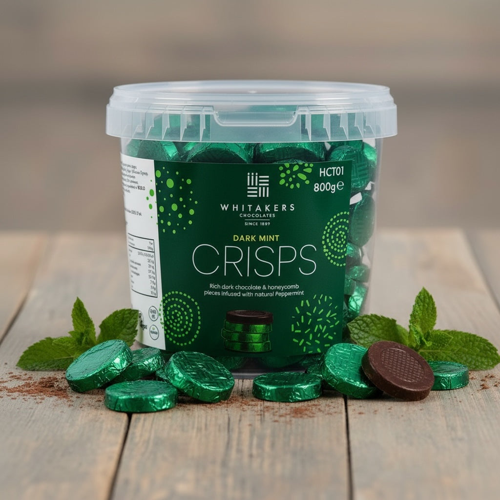 Container of Whitaker's green foiled Dark Mint Crisps on a wooden surface with mint leaves.