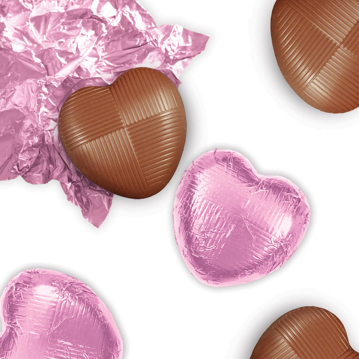 milk chocolate hearts individually wrapped in pink foil packed in 1kg boxes