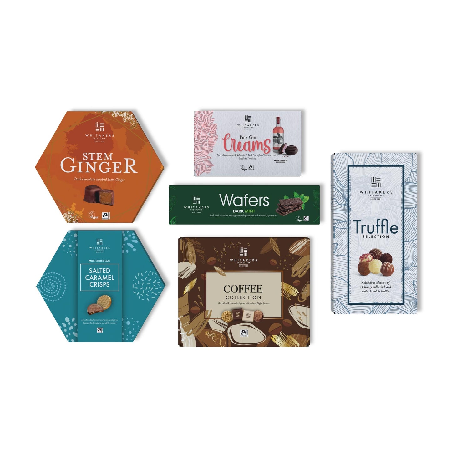 Luxury Tote bag 'Whitakers' chocolate lovers hamper, containing dark chocolate stem ginger, pink gin dark chocolate fondant creams, assorted truffle gift box, dark mint wafer thins, milk and dark chocolate coffee collection & milk salted caramel honeycomb crisps