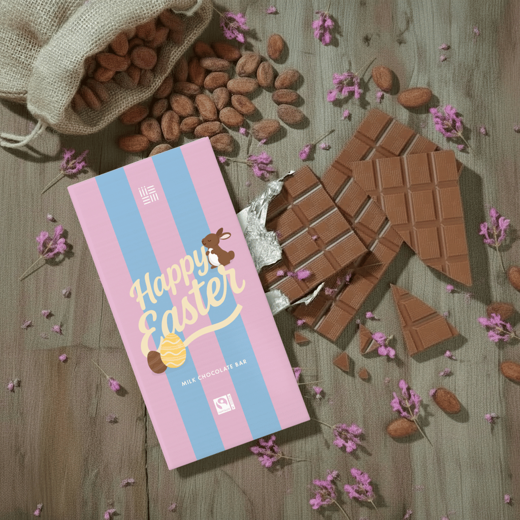 Whitaker's Happy Easter milk chocolate bar on a rustic wooden background with cocoa beans, pink flowers and chocolate pieces.