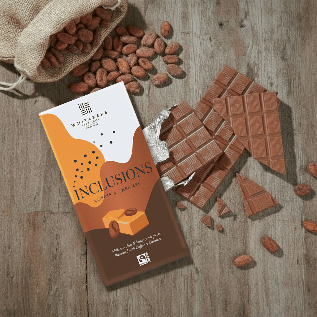 Whitaker's Milk chocolate Coffee and Caramel 90g bar on a rustic wooden surface with loose cocoa beans and chocolate pieces