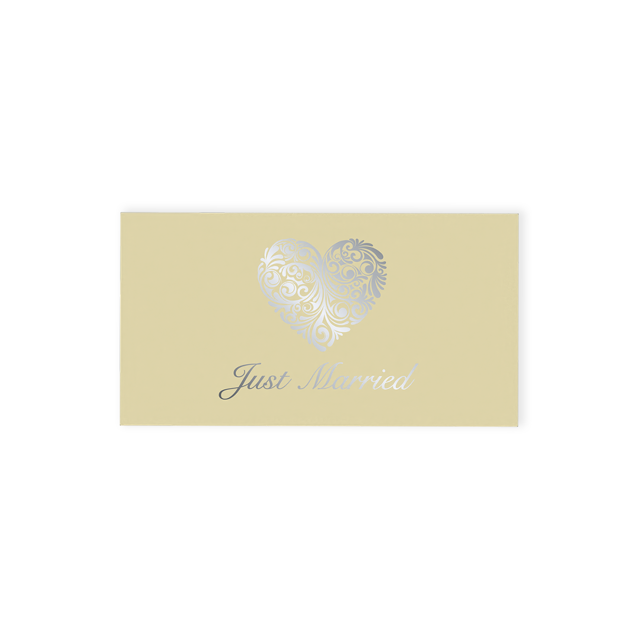 "Just Married" Chocolate Gift Box, an exquisite offering that pairs elegance with indulgence.  This cream-coloured gift box is beautifully adorned with an ornate silver heart and stylish "Just Married" font on the top, making it a standout addition to any wedding celebration.  Inside, discover two delicious hand-finished truffles, one milk and one white chocolate