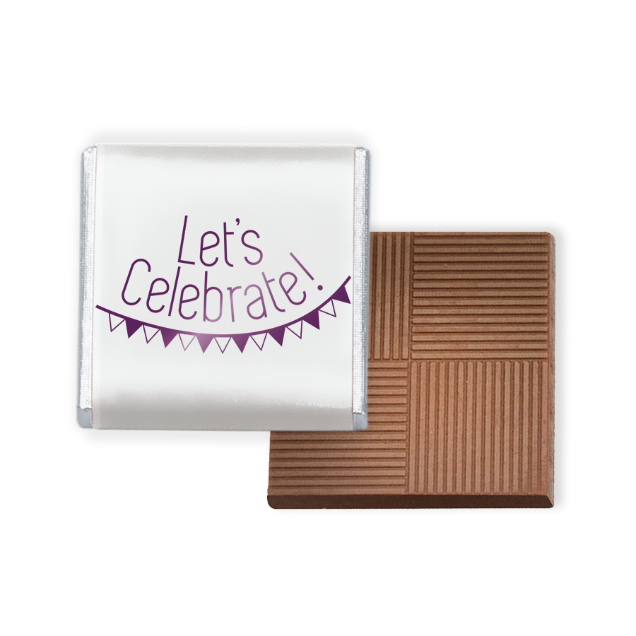 Milk Chocolate Neapolitans, a delightful treat that combines the creamy richness of milk chocolate with a touch of elegance.  Each chocolate is individually wrapped in luxurious foil and a pristine white paper wrapper, adorned with 'let's celebrate' in vibrant purple print, adding a festive flair to any occasion.  Packaged in a 2kg bulk box containing 400 pieces
