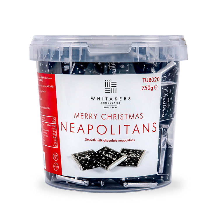 Merry Christmas-themed Milk Chocolate Neapolitans. Each of the 150 chocolates is crafted from smooth and creamy milk chocolate, individually wrapped in Luxury foil and encased in a paper wrapper adorned with a 'Merry Christmas' theme. These delightful treats, packed in a bulk 750g tub