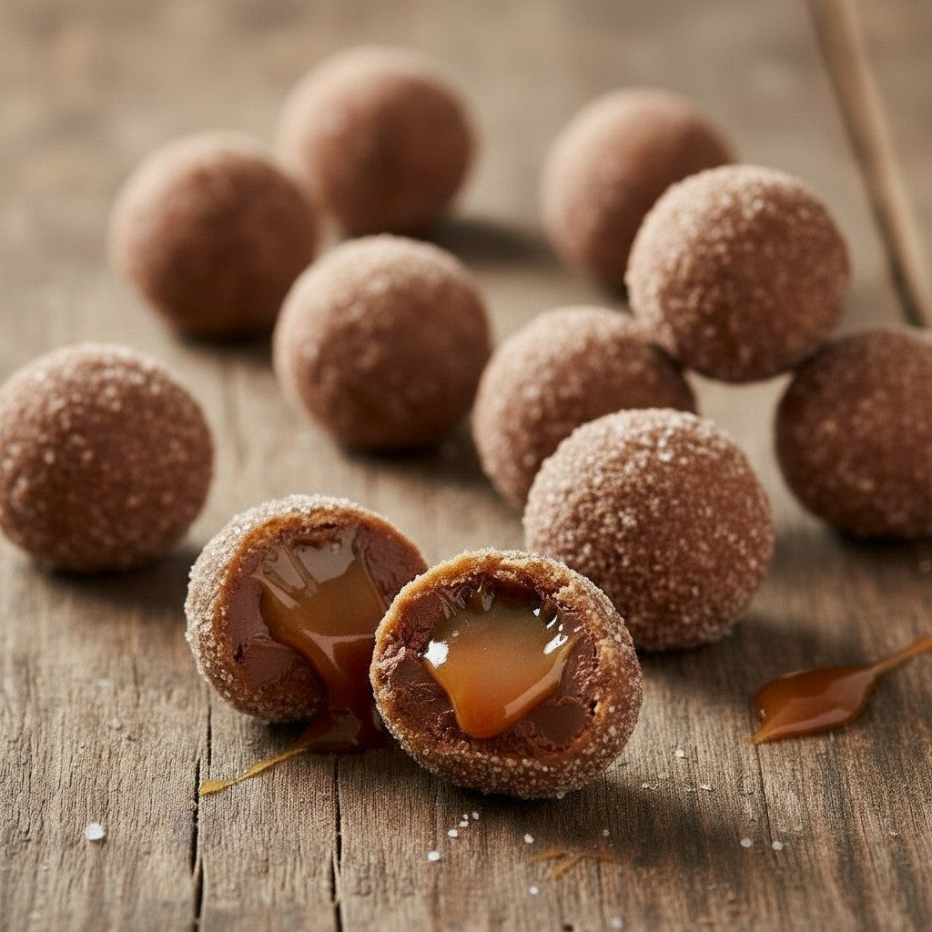 Chocolate truffles with caramel center on a wooden surface