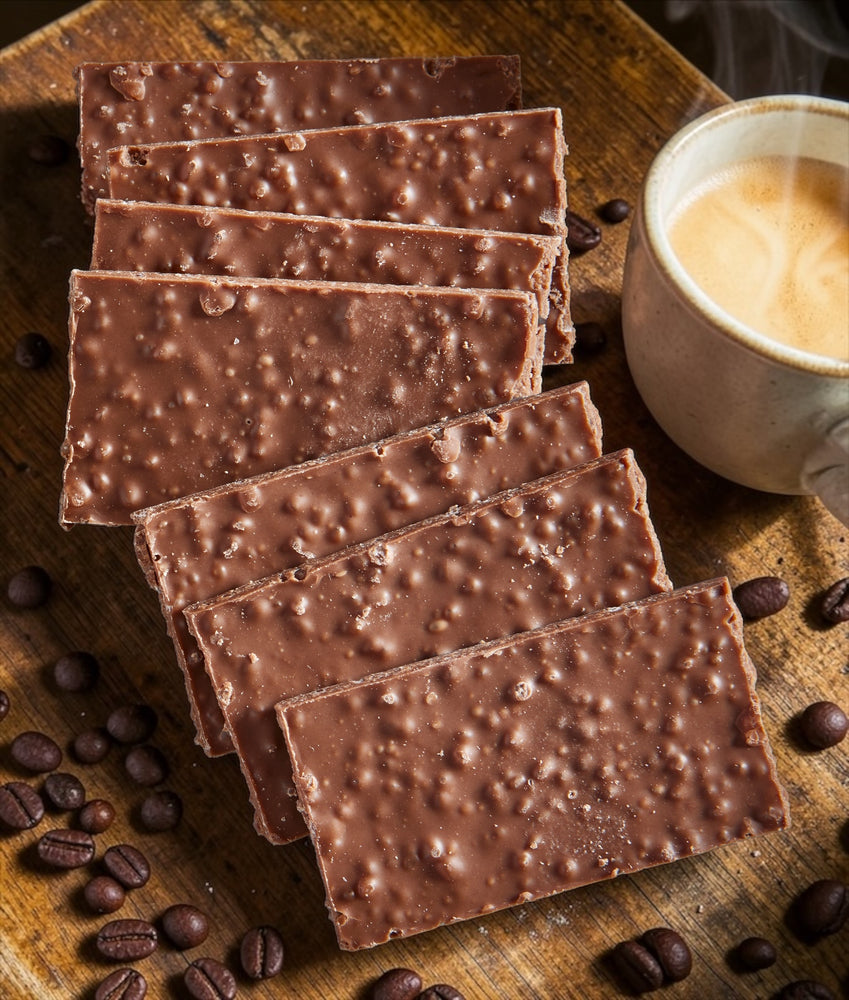 milk chocolate coffee wafers on a wooden backdrop, with coffee beans scattered with a cup of steaming coffee