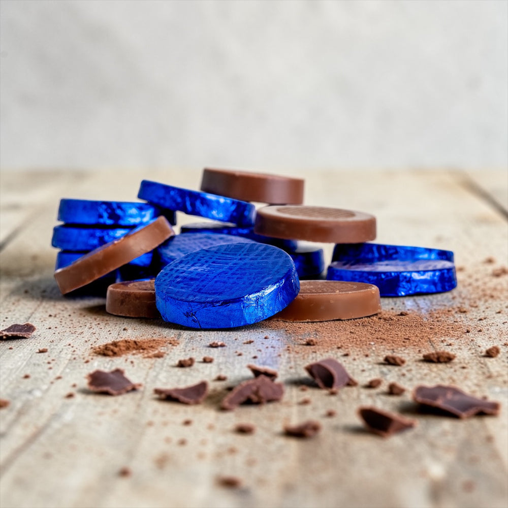 Stack of milk chocolate blue foil discs on a rustic wooden countertop with chocolate shavings and cocoa powder