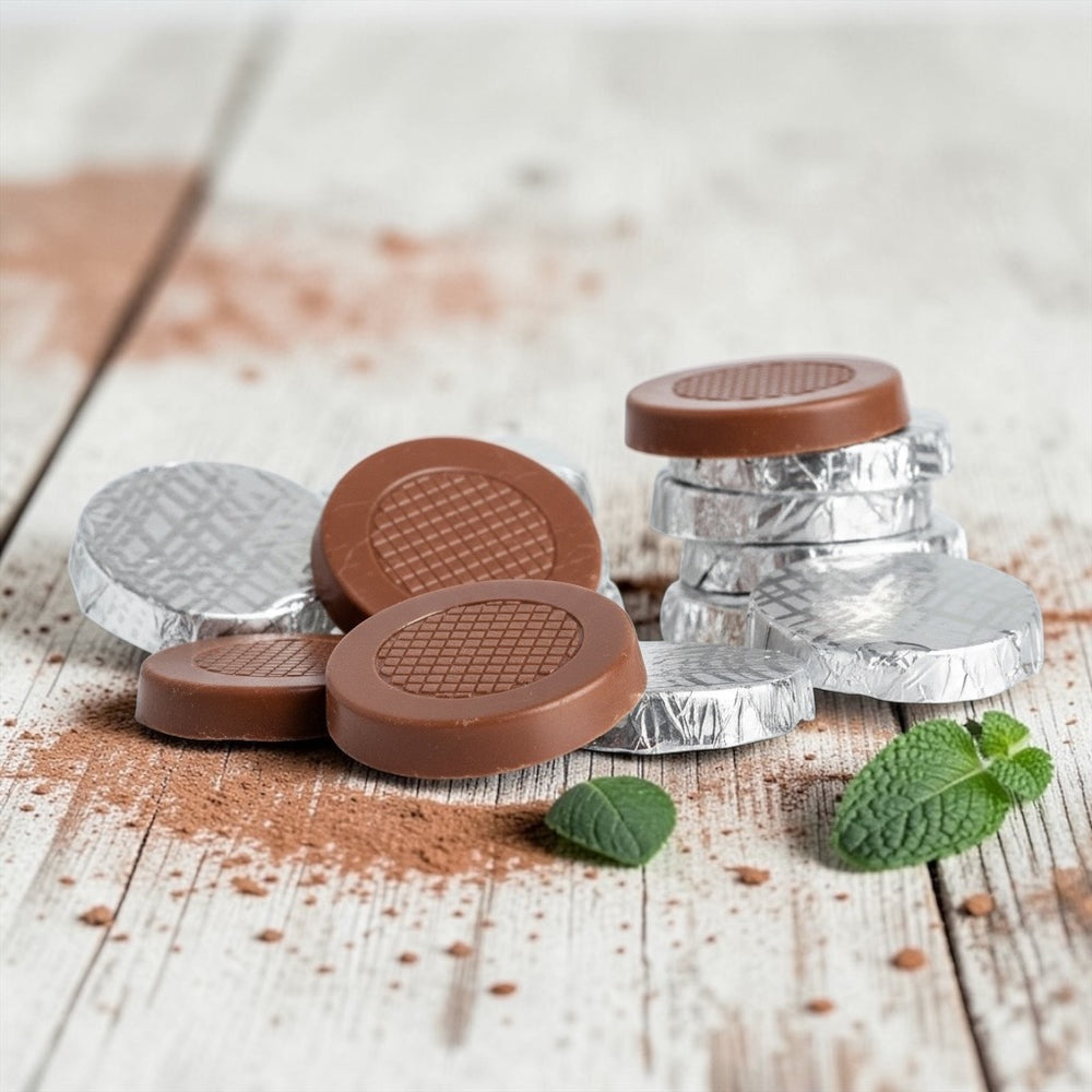 Milk Chocolate crisps with silver foil on a wooden surface with cocoa powder and mint leaves.
