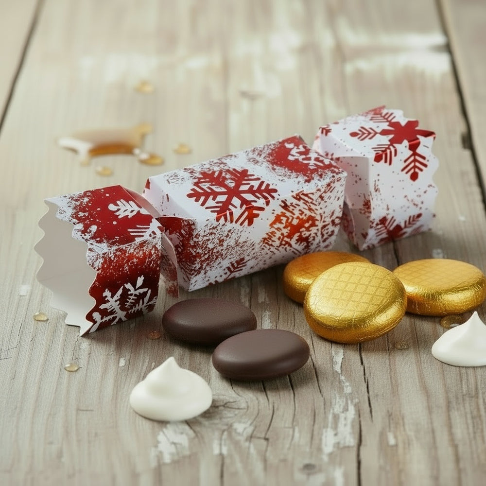 Mini red and white Christmas cracker on a wooden surface with a stack of gold foiled irish creams in the foreground