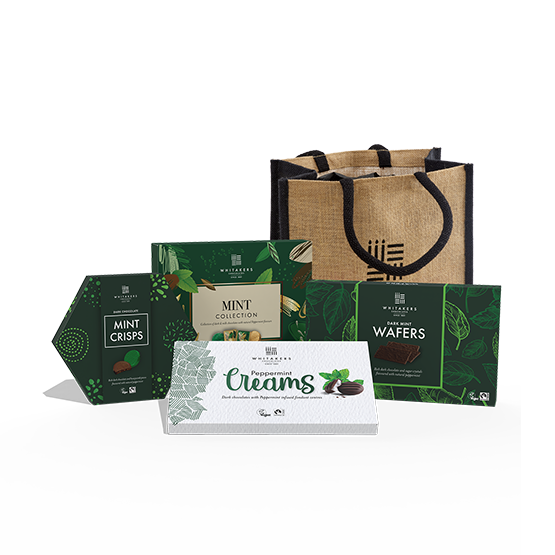 Luxury Tote bag 'Whitakers' chocolate mint lovers hamper filled with dark mint and honeycomb crisps, dark mint wafer thins, milk and dark chocolate mint collection and dark chocolate mint fondant creams