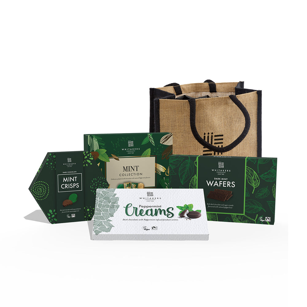 Luxury Tote bag 'Whitakers' chocolate mint lovers hamper filled with dark mint and honeycomb crisps, dark mint wafer thins, milk and dark chocolate mint collection and dark chocolate mint fondant creams