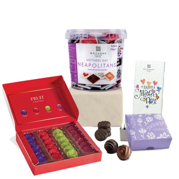 Assorted chocolates including a red box, a container of Neapolitans, and a Mother's Day card on a white background.