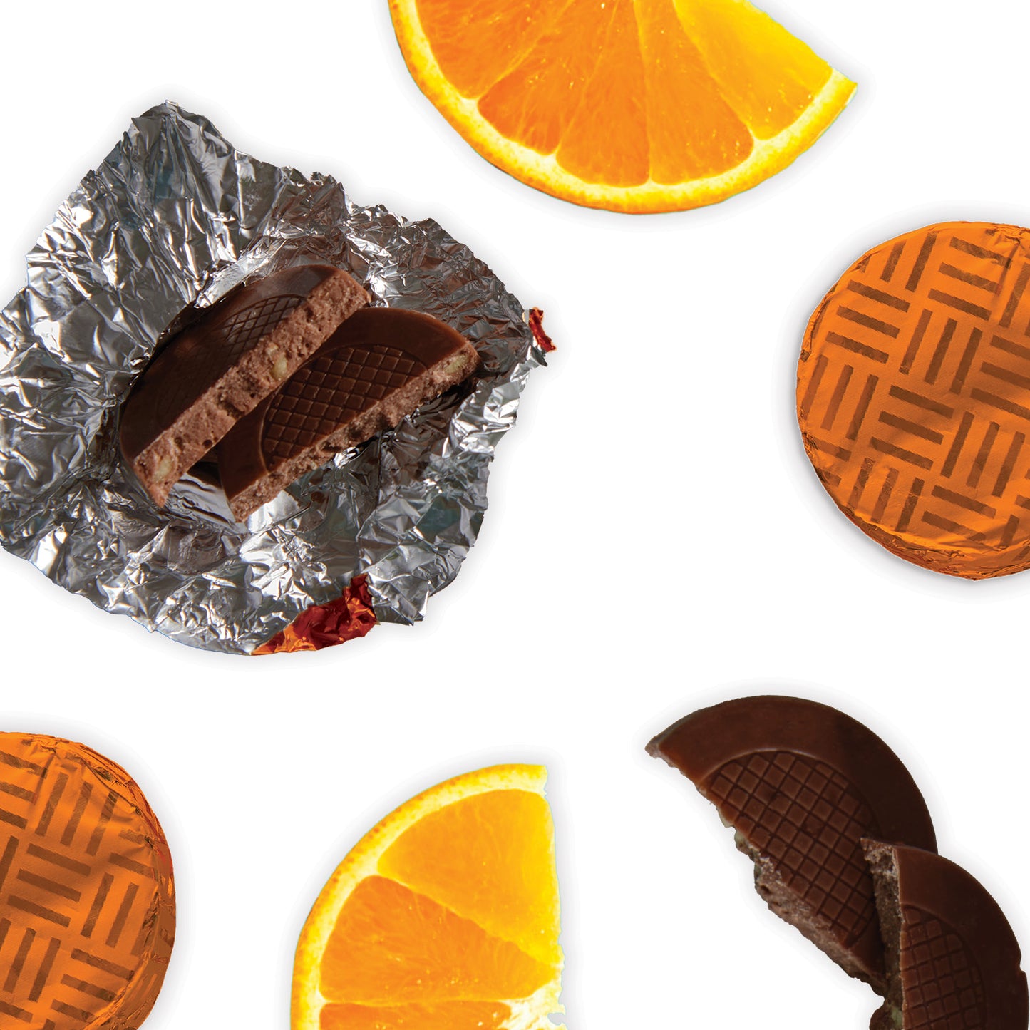 Orange foiled Dark Chocolate Crisps, infused with orange oil and complemented by the satisfying texture of crunchy sugar crystal pieces