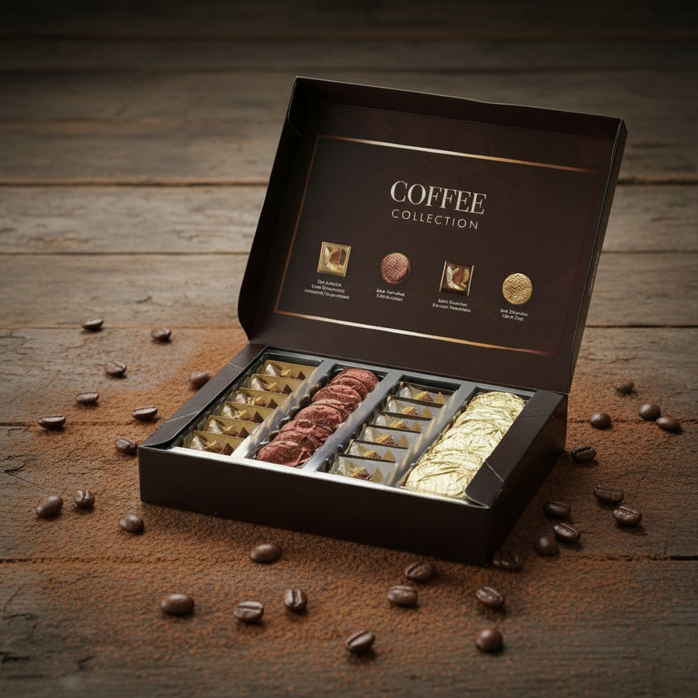 Open chocolate box labeled 'Coffee Collection' on a wooden surface with coffee beans.
