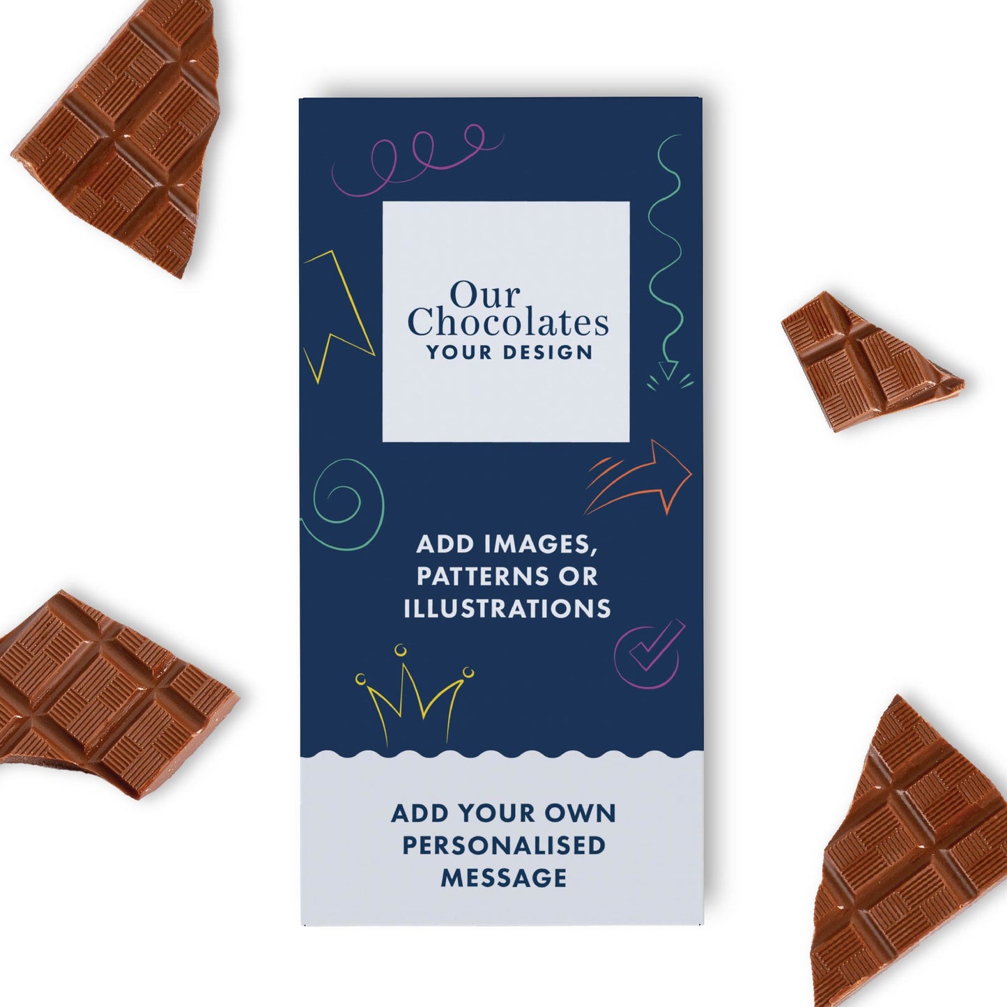 milk chocolate 90g corporate branded gift bars. Custom chocolate bars that can carry images, logo and brand messages