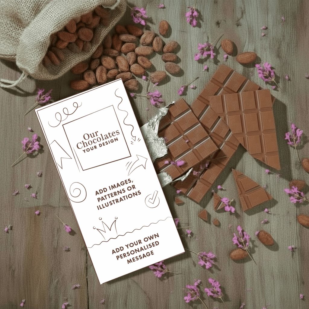 Whitaker's Personalised wrapper milk chocolate bar on a rustic wooden background with cocoa beans, pink flowers and chocolate pieces.