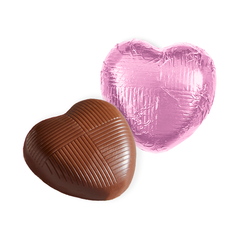 milk chocolate hearts individually wrapped in pink foil packed in 1kg boxes