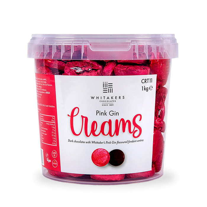 pink foiled dark chocolate pink gin cream bulk 1kg tubs