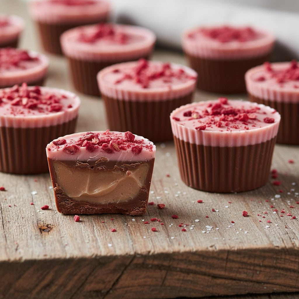 Milk chocolate raspberry cups with freeze dried raspberry pieces on a wooden surface
