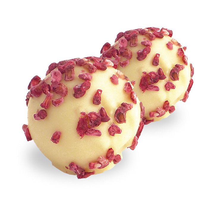 Luxurious White Chocolate Raspberry and Marc de Champagne Truffle Bulk Box, finished with freeze dried raspberry pieces