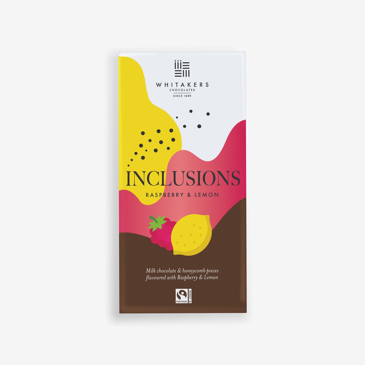 a luxurious 90g Milk Chocolate indulgence, masterfully flavoured with Raspberry & Lemon oil, and filled with the satisfying crunch of honeycomb pieces. Wrapped in our distinctive paper packaging, this bar is a visual and sensory delight, perfectly encapsulating Whitakers commitment to innovation and quality
