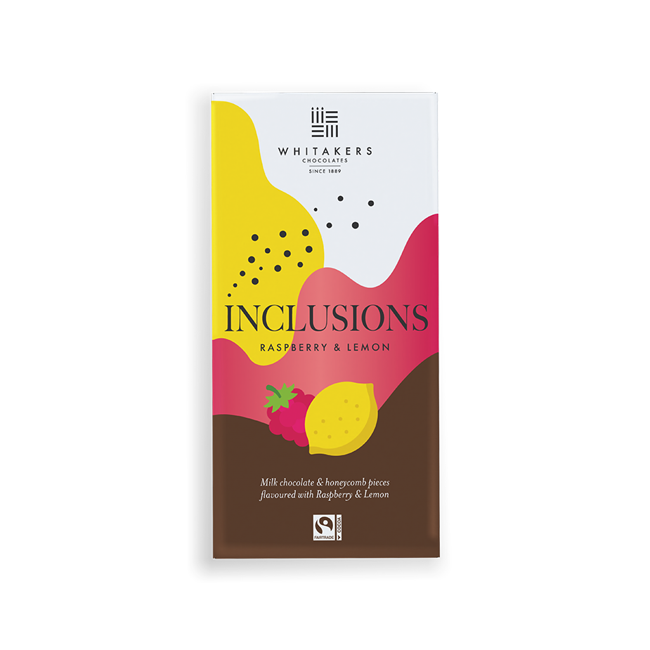 a luxurious 90g Milk Chocolate indulgence, masterfully flavoured with Raspberry & Lemon oil, and filled with the satisfying crunch of honeycomb pieces. Wrapped in our distinctive paper packaging, this bar is a visual and sensory delight, perfectly encapsulating Whitakers commitment to innovation and quality