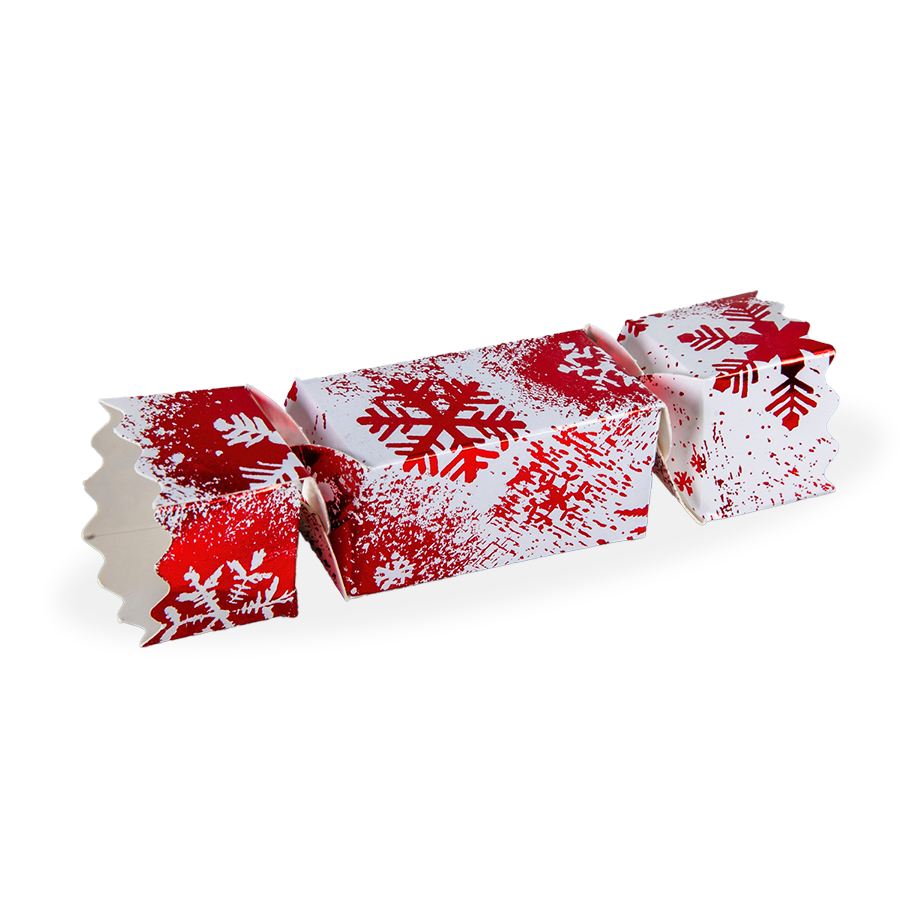 Petite Red & White Snowflake Chocolate Christmas Cracker Gift Box. This charming gift box is designed to resemble a traditional Christmas cracker. Each cracker is elegantly foil blocked in red and adorned with an attractive snowflake pattern. Inside, discover four delicious fondant creams, each one richly flavoured with Irish Cream and encased in luxurious dark chocolate