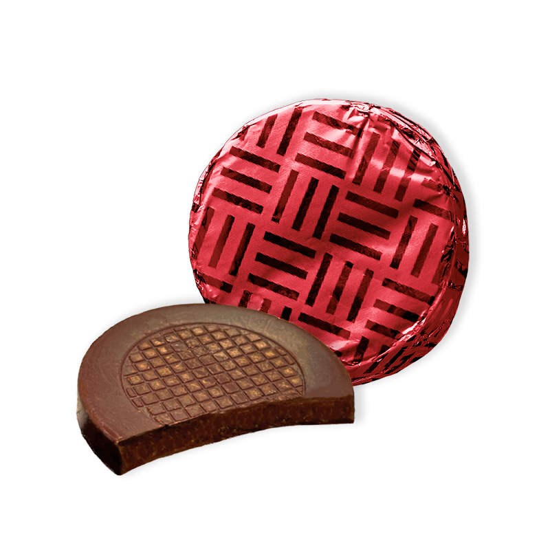 Red foiled Dark Chocolate Crisps, infused with aromatic ginger oil and complemented by the satisfying texture of crunchy sugar crystal pieces packed in 1kg boxes